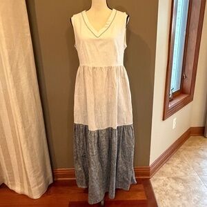 Joie Women's Linen Colorblock Maxi Dress, Jeweled Neck Boho Coastal, Size Small